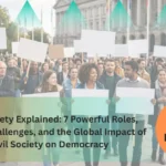 Illustration showing civil society groups, citizens, NGOs, and digital platforms working together to support democracy, accountability, and governance