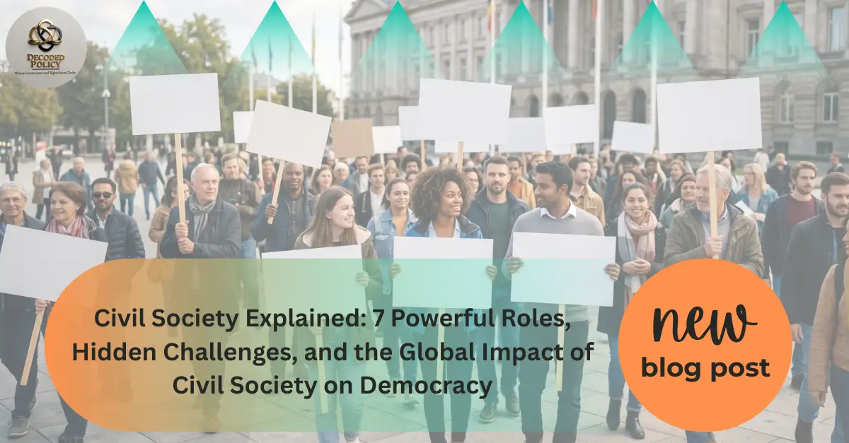 Illustration showing civil society groups, citizens, NGOs, and digital platforms working together to support democracy, accountability, and governance