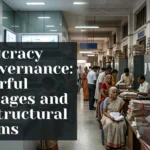 Indian bureaucracy and governance system showing administrative structure, government offices, and digital e-governance transformation.