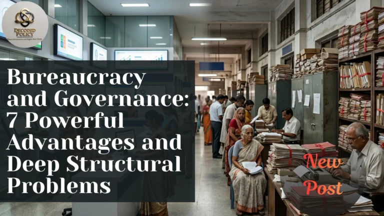 Indian bureaucracy and governance system showing administrative structure, government offices, and digital e-governance transformation.