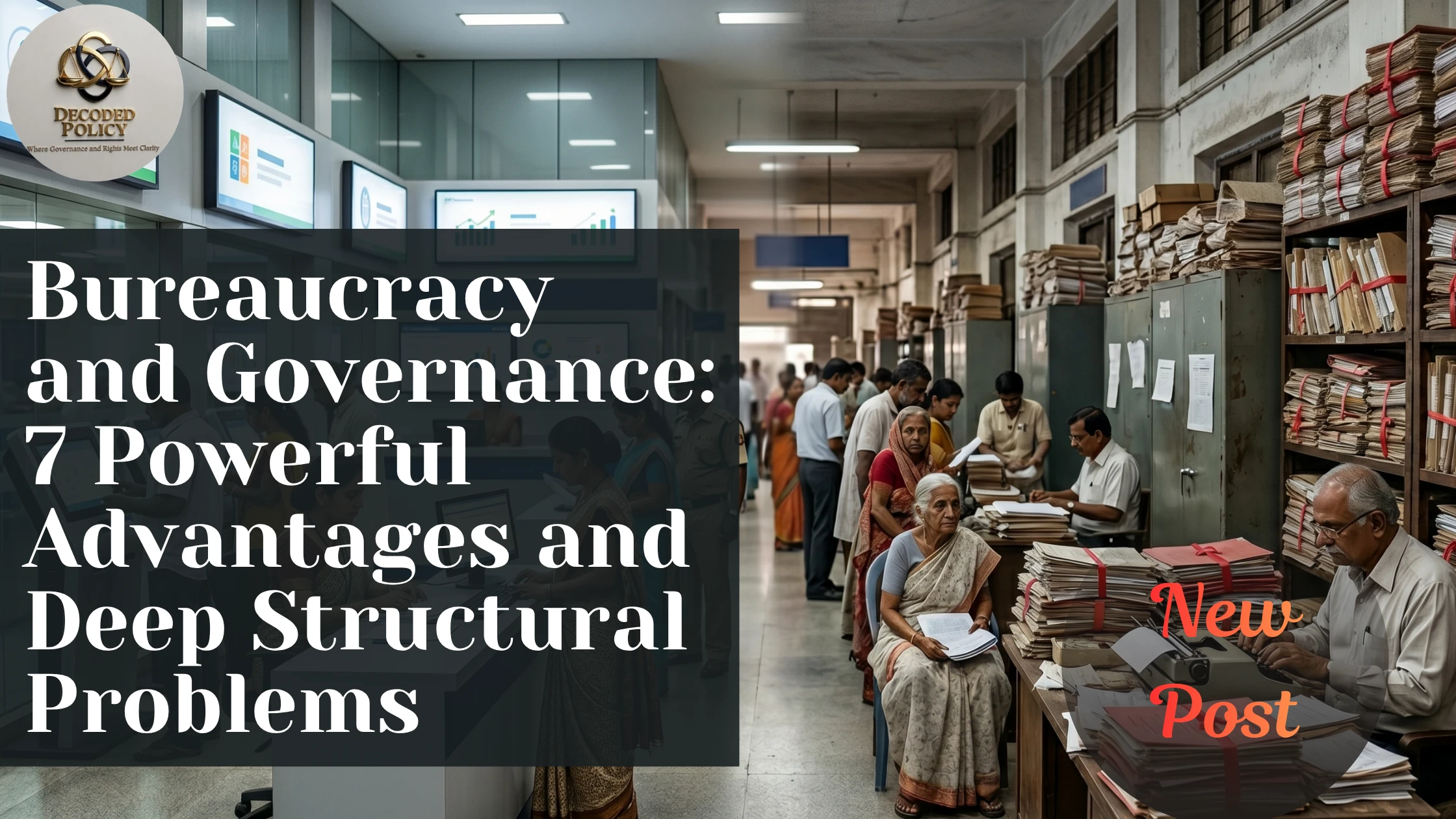 Indian bureaucracy and governance system showing administrative structure, government offices, and digital e-governance transformation.