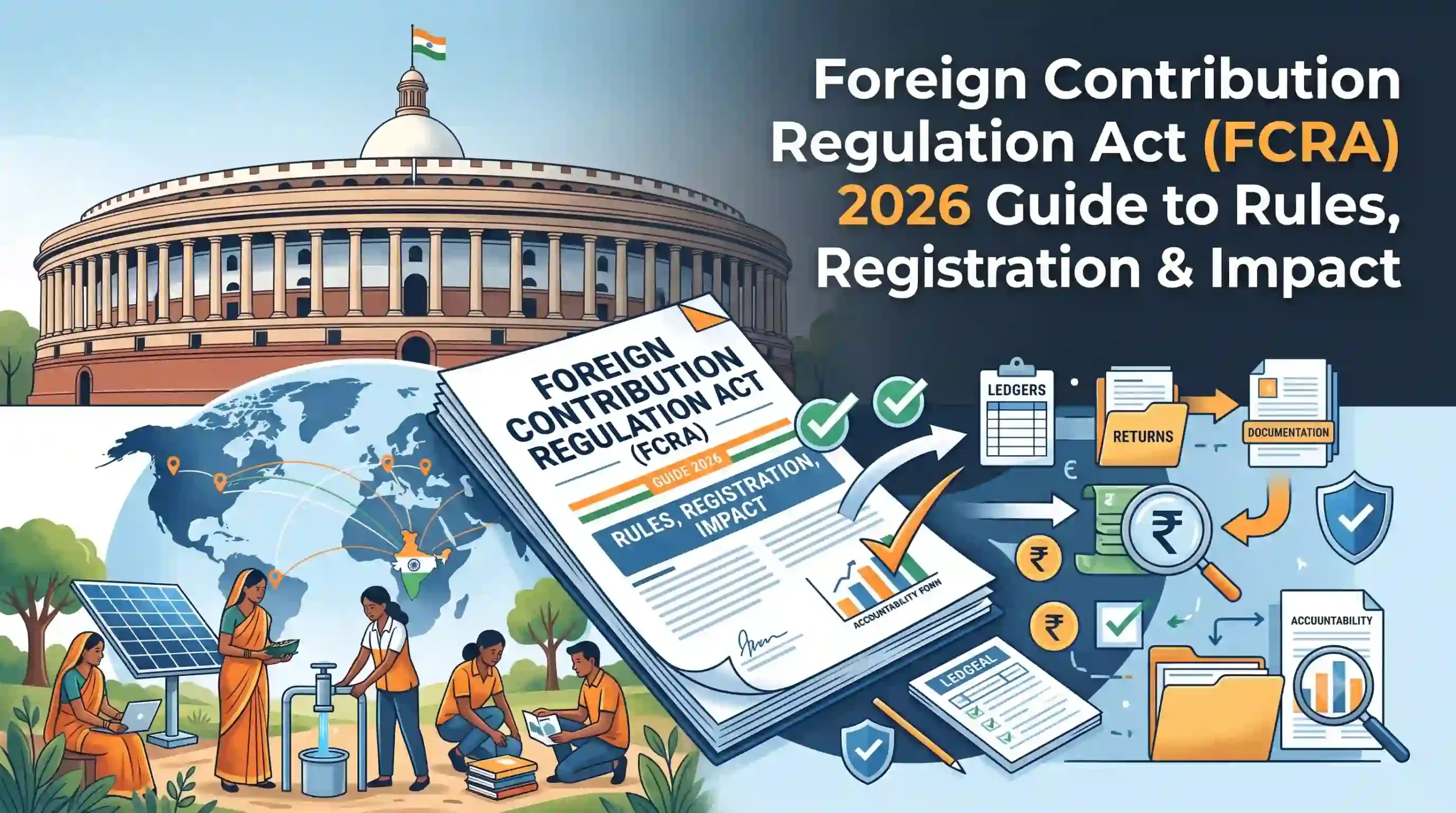Foreign Contribution Regulation Act (FCRA) 2026 guide explaining foreign funding rules, registration and impact on NGOs in India